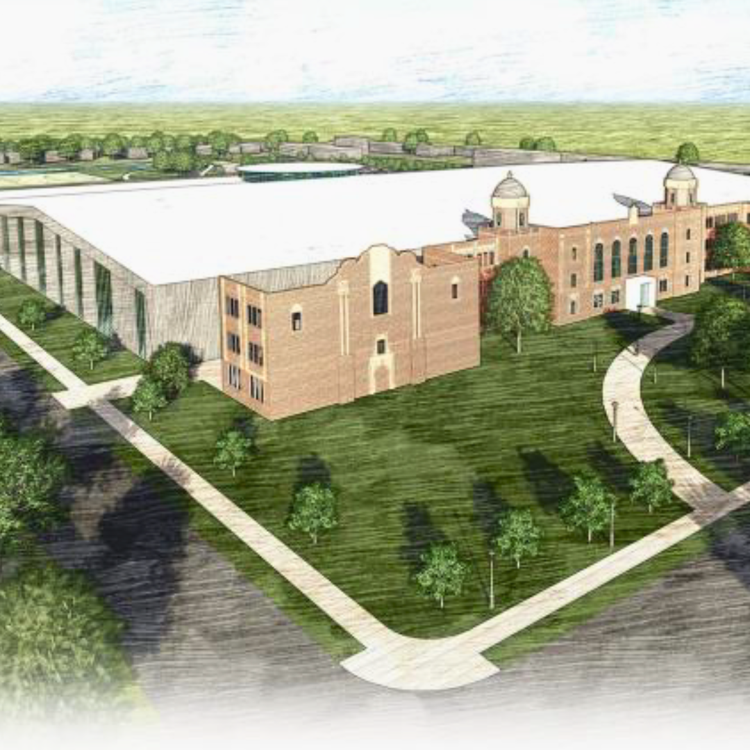 A digital rendering of Cooley High School, a large, modern brick building with domed towers, surrounded by lawns, trees, and curved walkways, viewed from above at an angle on a sunny day.