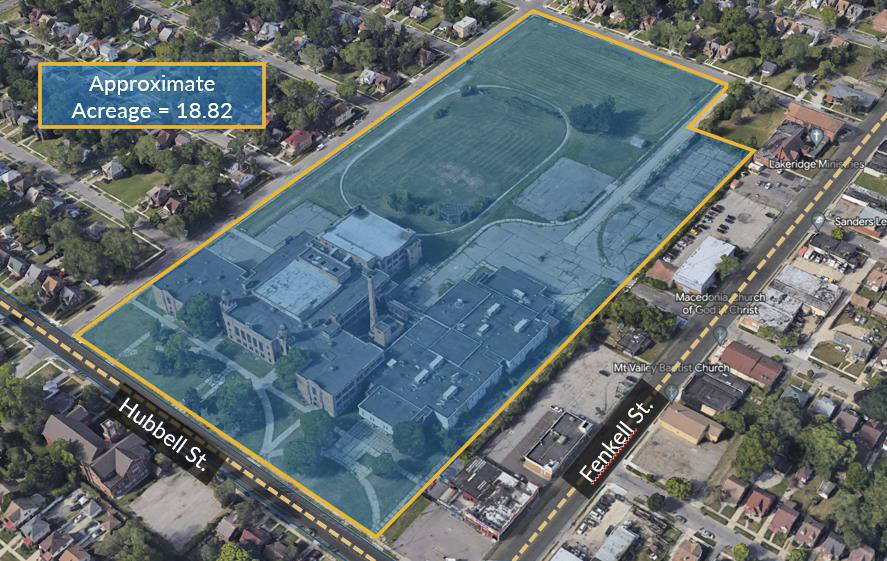 Aerial view of a large, outlined property labeled "Approximate Acreage – 18.82," bordered by Hubbell St. and Fenkell St., featuring Cooley High School buildings, parking lots, and open green space within a residential Detroit Schools neighborhood.